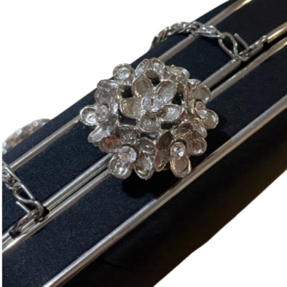 Lulu Townsend Satin Black Silver-tone Clutch, Floral embellishment, Strap - Picture 7 of 10